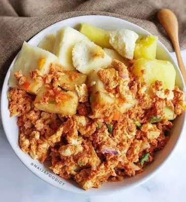 BOILED/FRIED SWEET POTATO WITH EGG SAUCE/STEW, TEA/COFFEE