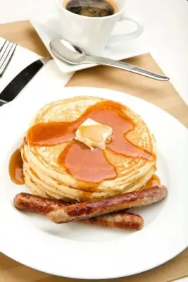 PANCAKE AND SYRUP WITH SAUSAGE, TEA/COFFEE
