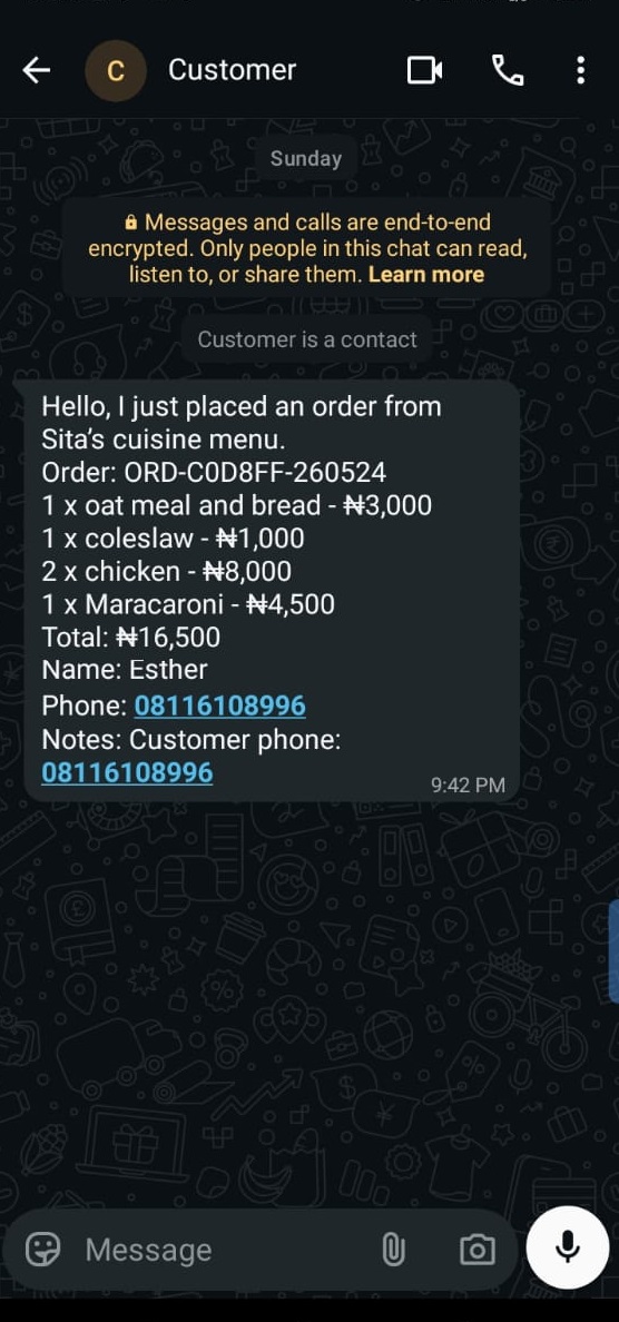 Order received by the restaurant on WhatsApp